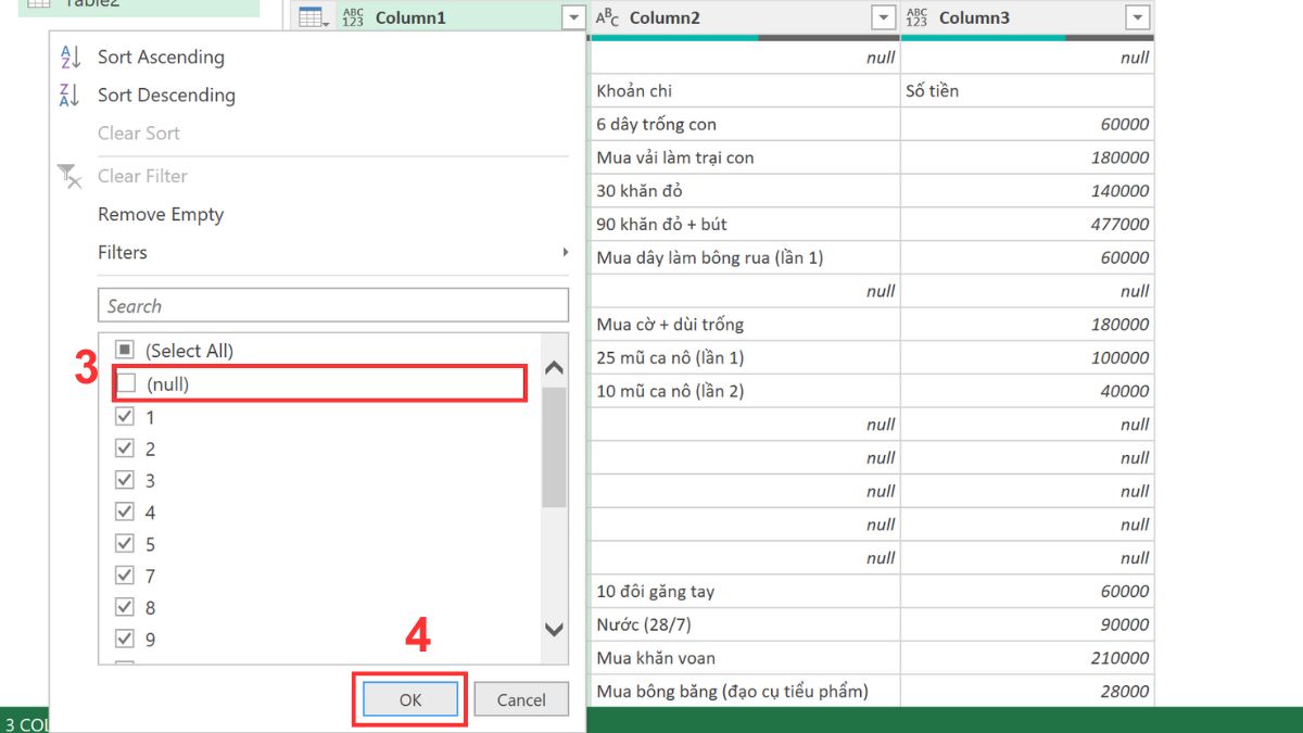 Dùng Power Query để xóa ô trống trong Excel