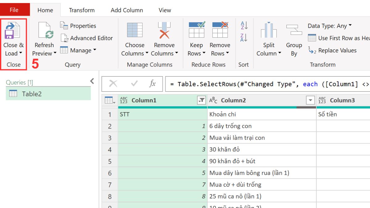 Dùng Power Query để xóa ô trống trong Excel