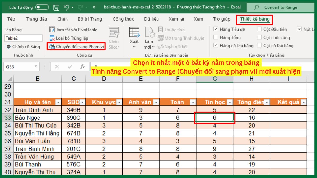 Không thấy tùy chọn “Convert to Range” khi xóa bảng trong Excel