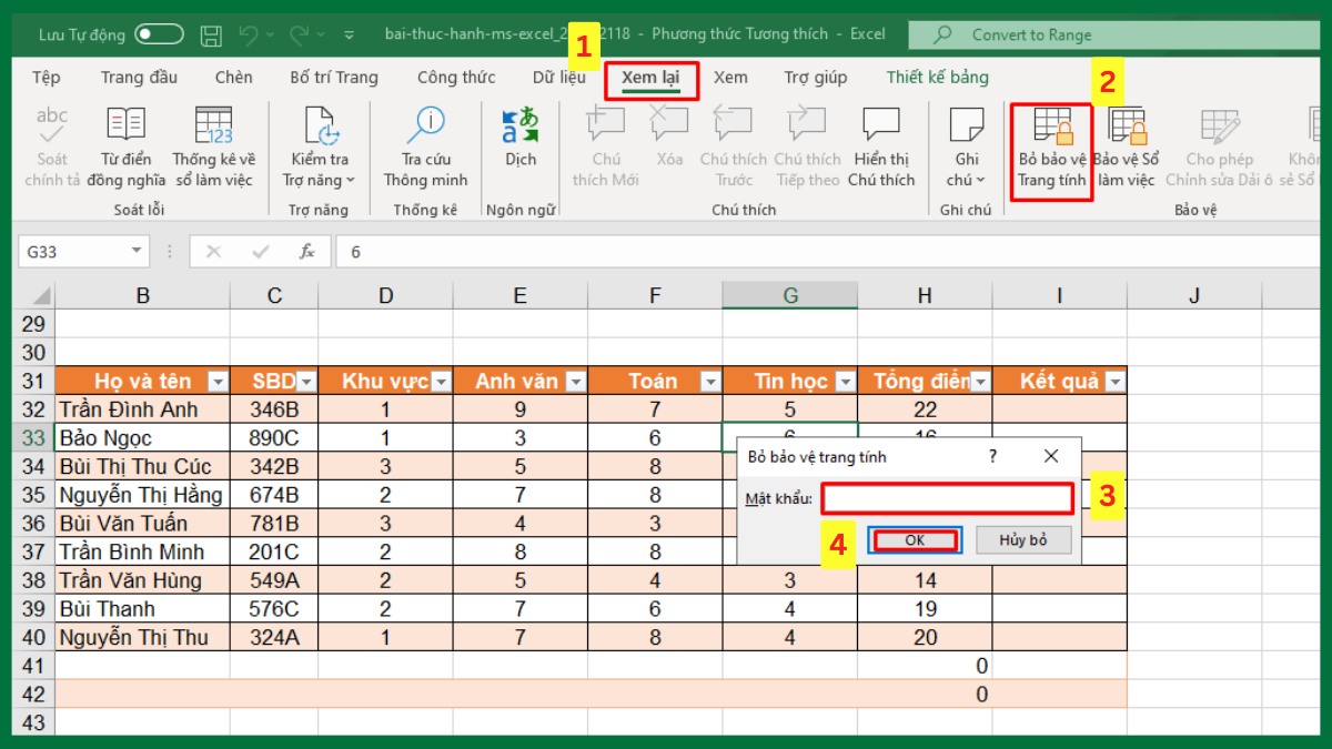 Bảng không xoá được khi trang tính đang được bảo vệ
