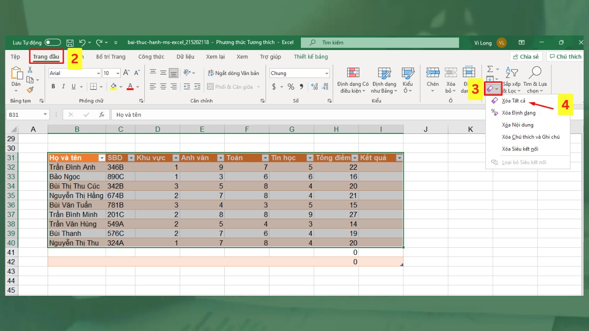 Cách xoá bảng trong Excel toàn bộ nội dung và định dạng