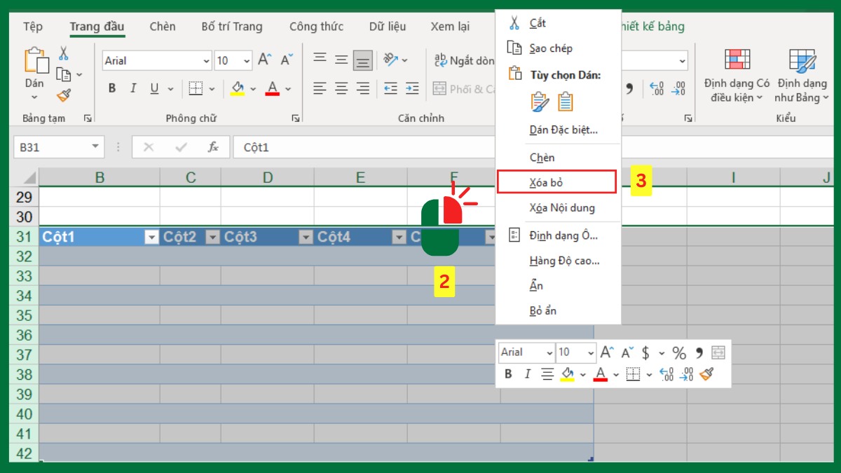 Cách xoá bảng trong Excel theo dòng/cột
