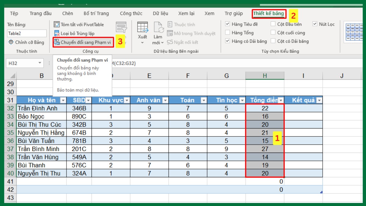 Xóa bảng trong Excel bằng cách chuyển bảng thành vùng dữ liệu