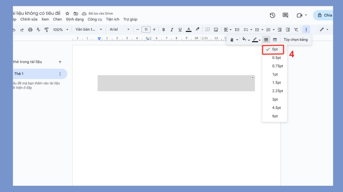 Giảm độ dày viền để xóa viền bảng