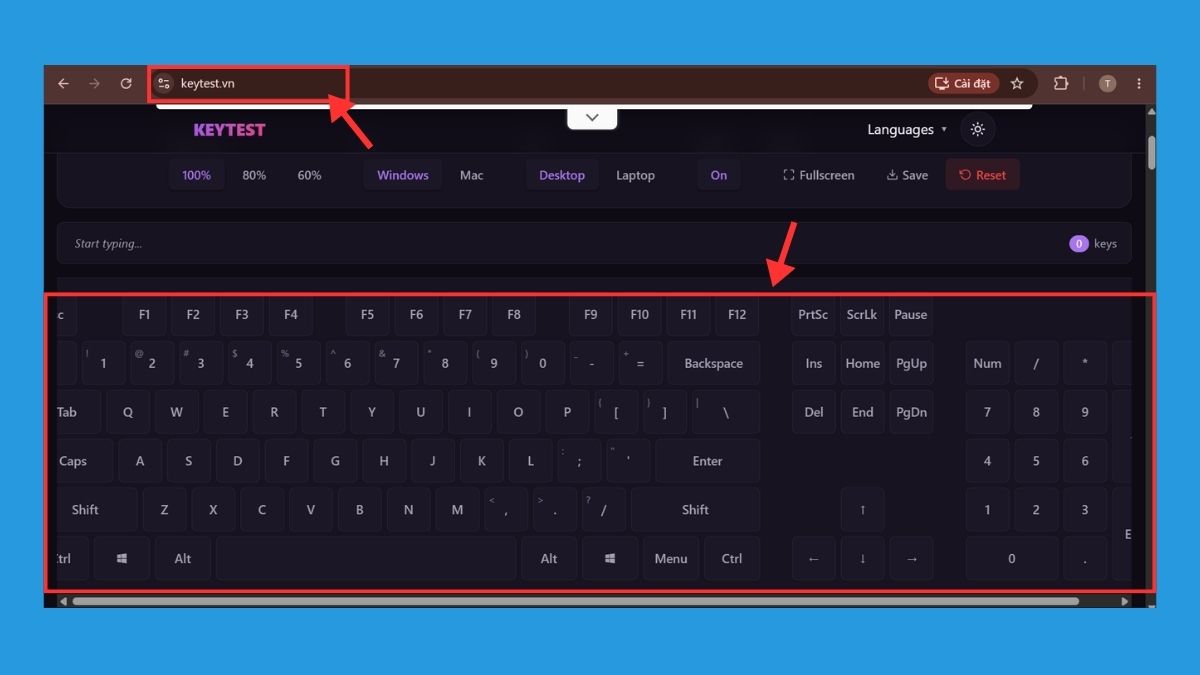 Sử dụng công cụ trực tuyến Key-Test để kiểm tra bàn phím laptop online