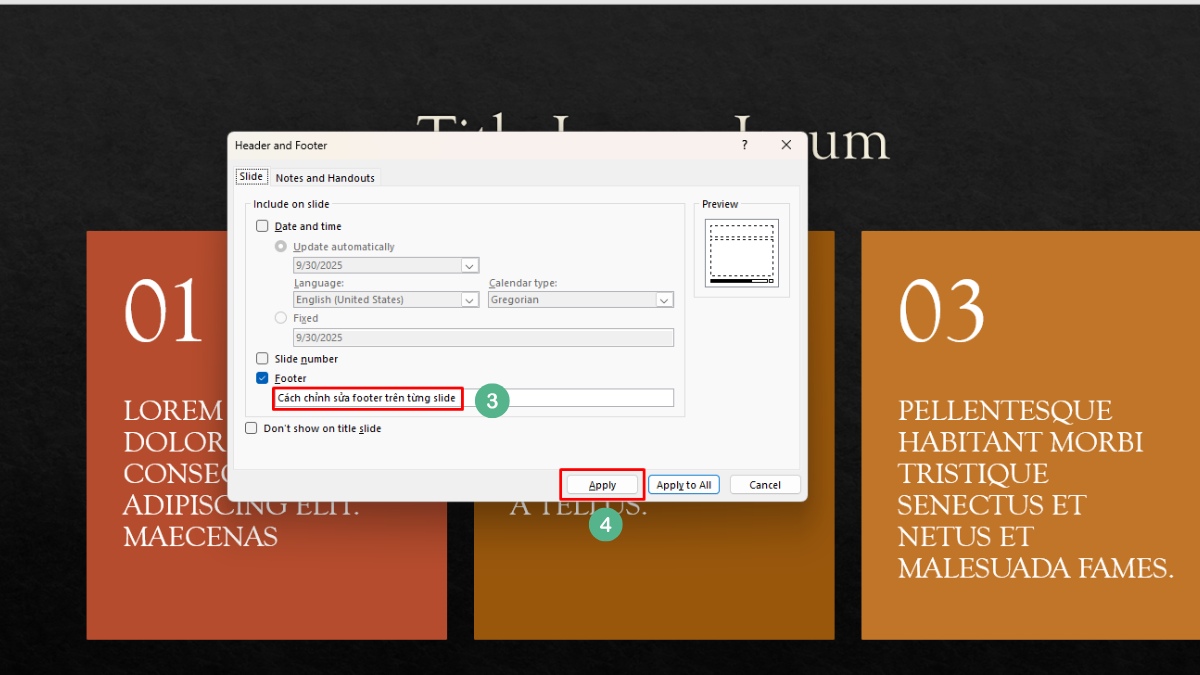 Không thể chỉnh sửa footer trên từng slide