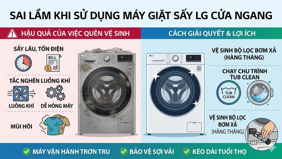 Không vệ sinh bộ lọc bơm xả và chu trình Tub Clean định kỳ