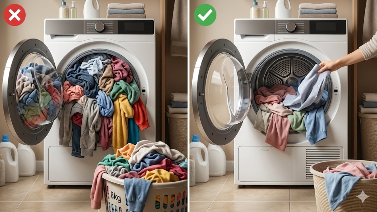 Tránh sấy quá tải khi dùng chế độ sấy của máy giặt