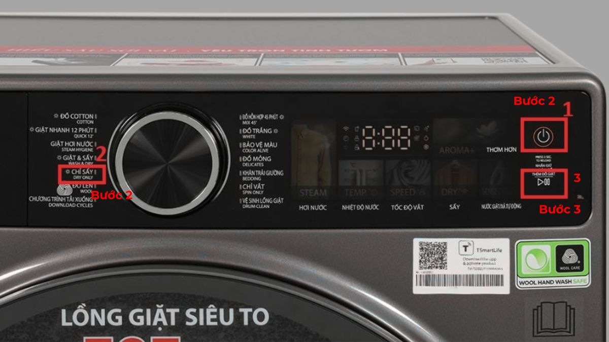 Bật và chọn chế độ sấy của máy giặt Toshiba