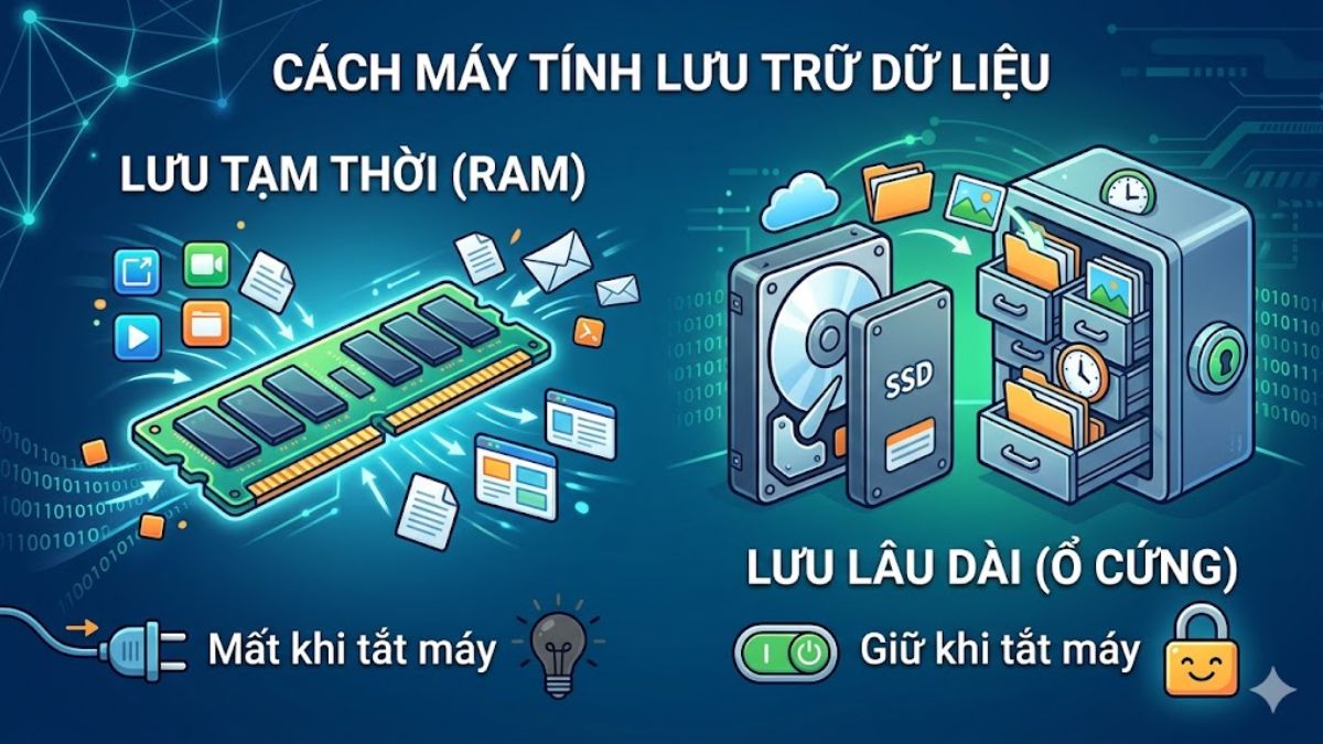 Chức năng của bộ nhớ máy tính là lưu trữ dữ liệu tạm thời và lâu dài