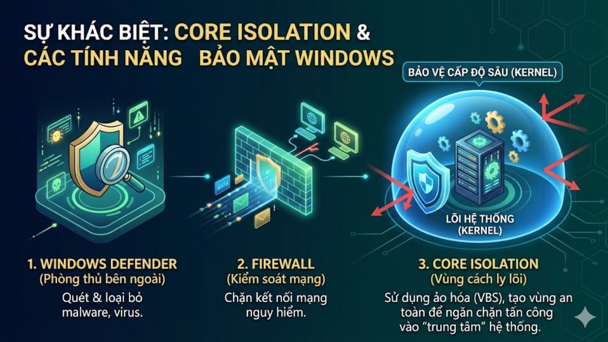 Sự khác biệt của Core Isolation với tính năng bảo mật khác của Windows
