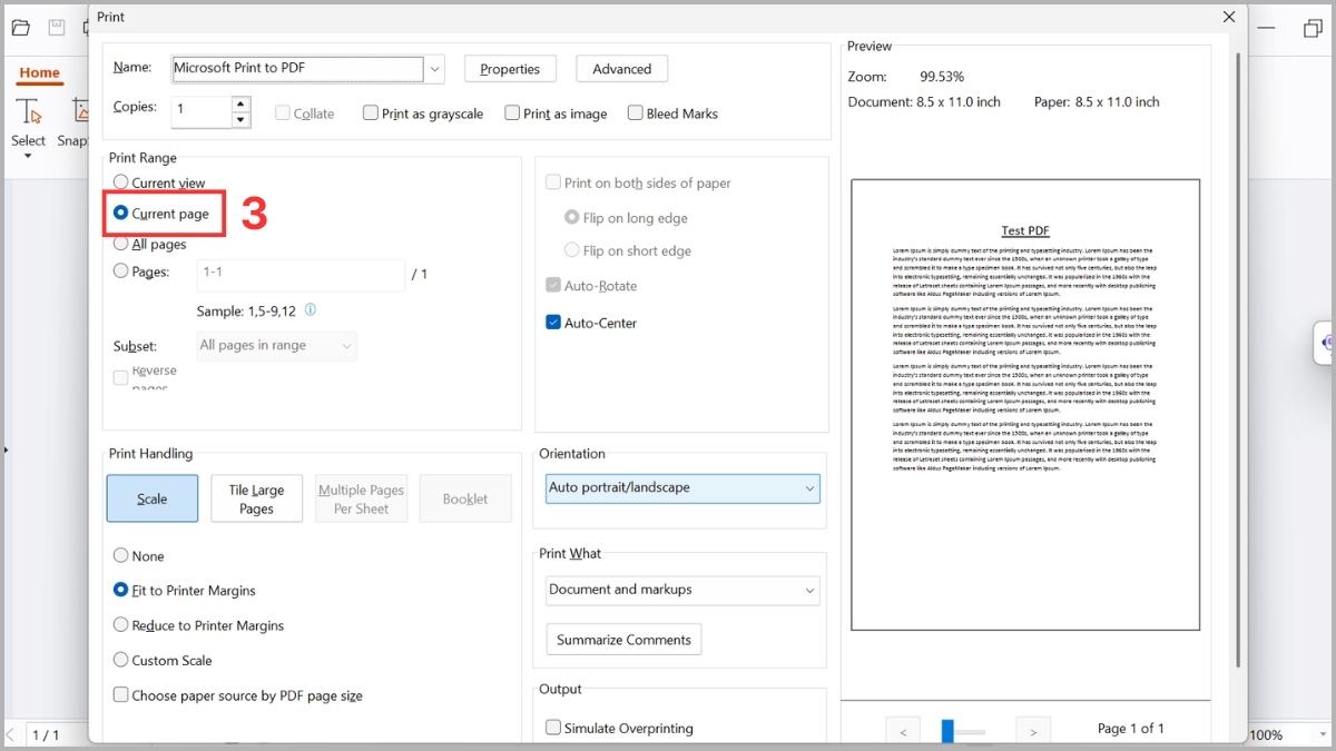 Cách in current page bằng file PDF