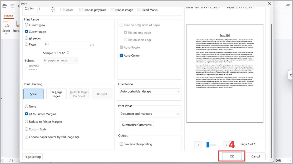Cách in current page bằng file PDF