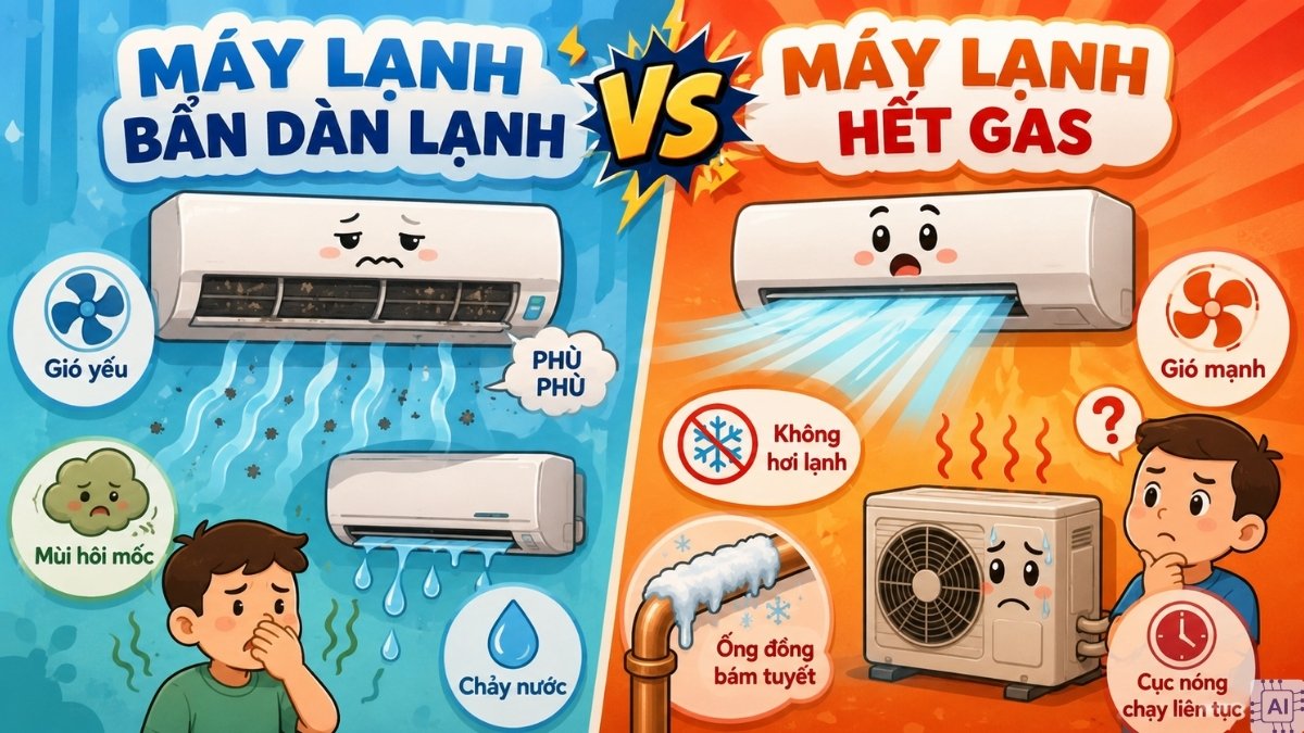 Cách phân biệt máy lạnh hết gas và máy lạnh bẩn dàn lạnh 