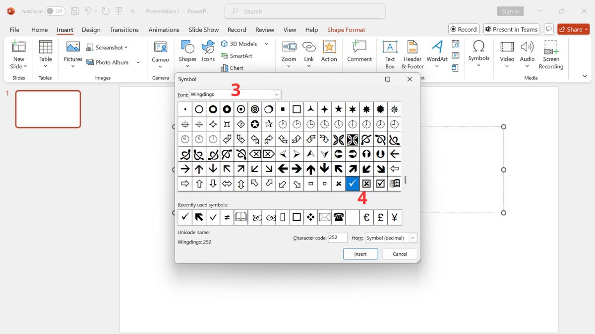 Sử dụng ký tự đặc biệt để tạo dấu tích trong PowerPoint