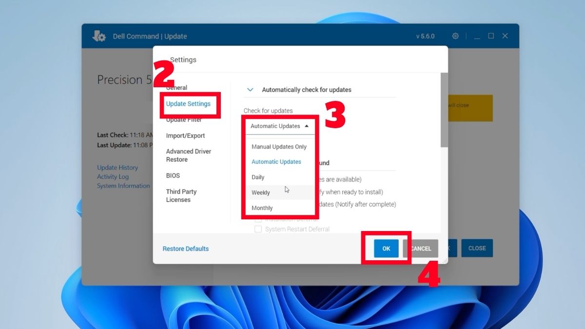 Lên lịch cập nhật tự động trong mục Update settings