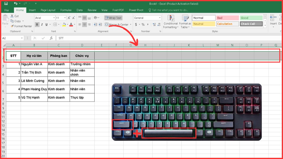 Chọn hàng, cột nhanh bằng phím tắt