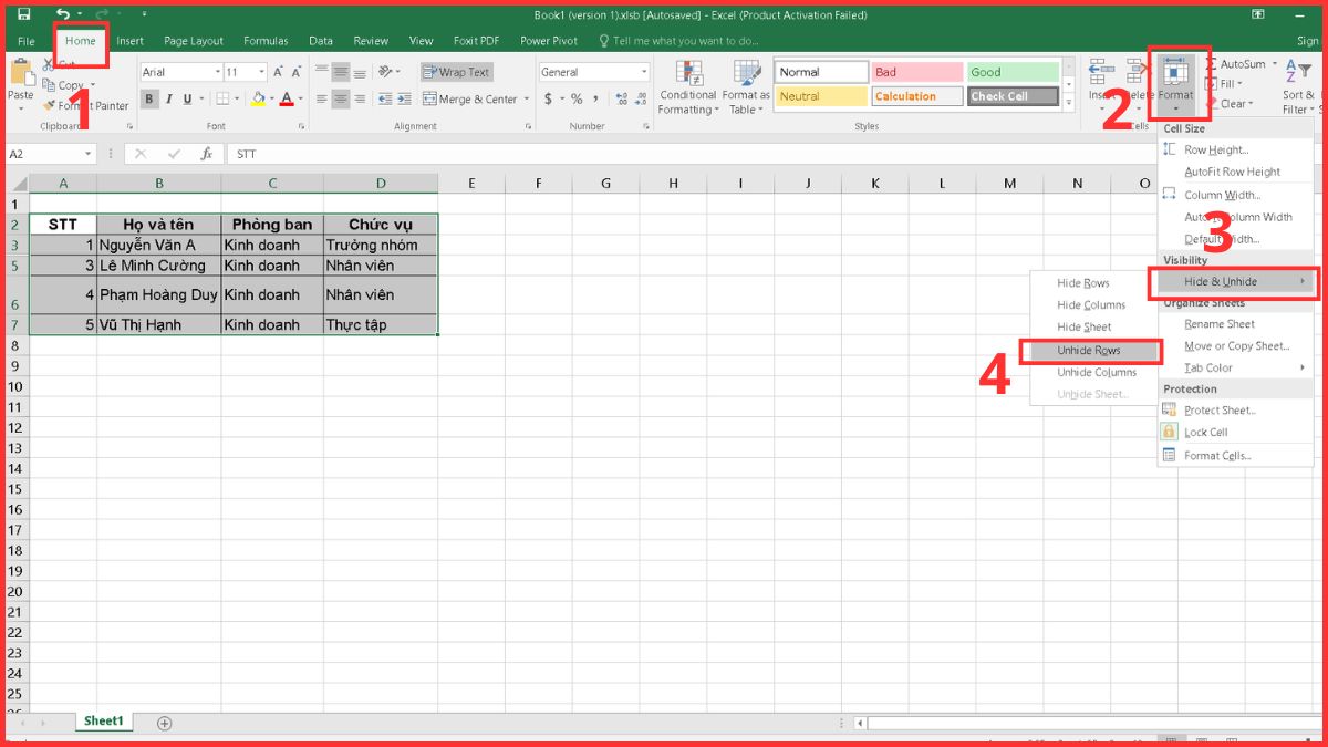 Bị mất định dạng hoặc ẩn hàng, cột