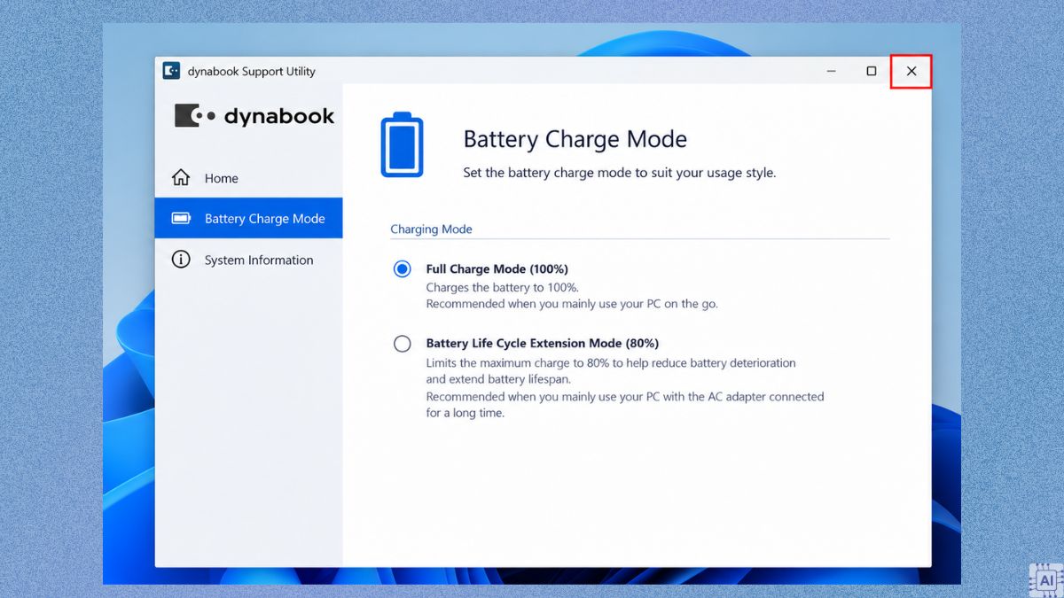 Chế độ sạc pin cho laptop với Dynabook Support Utility