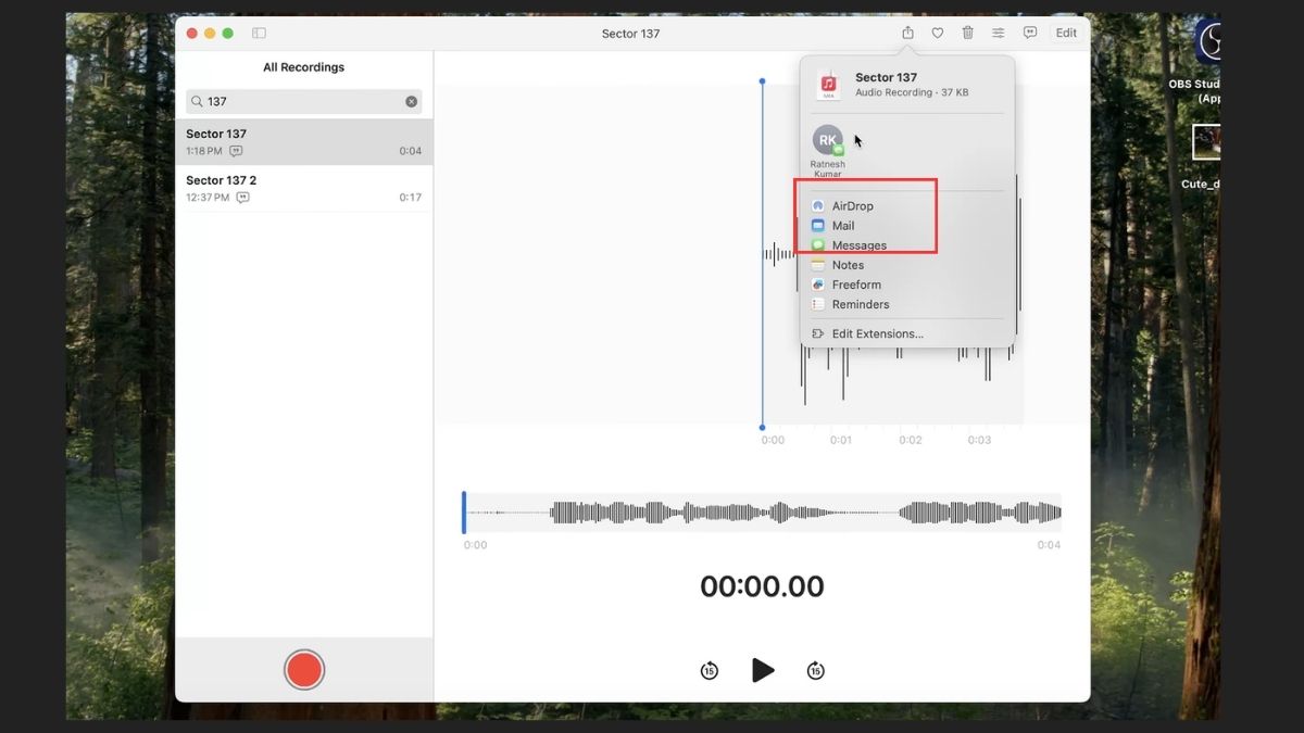 Sử dụng tính năng chia sẻ để xuất file ghi âm