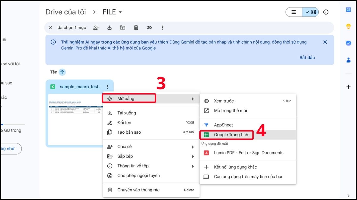 Mở file XLSM bằng Google Sheets