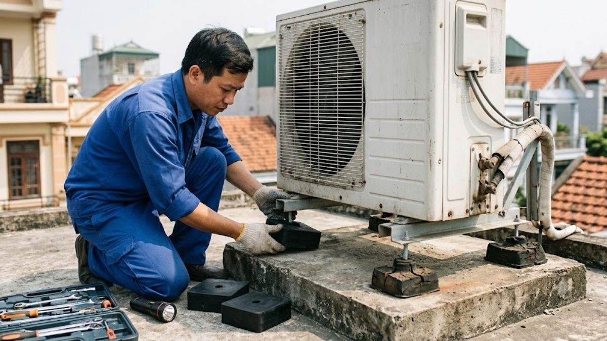 Thay đệm cao su chống rung cho dàn nóng để giảm ồn