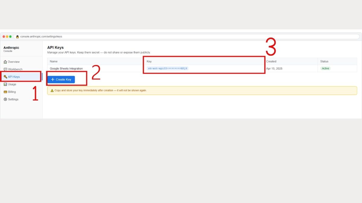 Tạo API Key từ Anthropic để kết nối Claude AI với Google Sheet