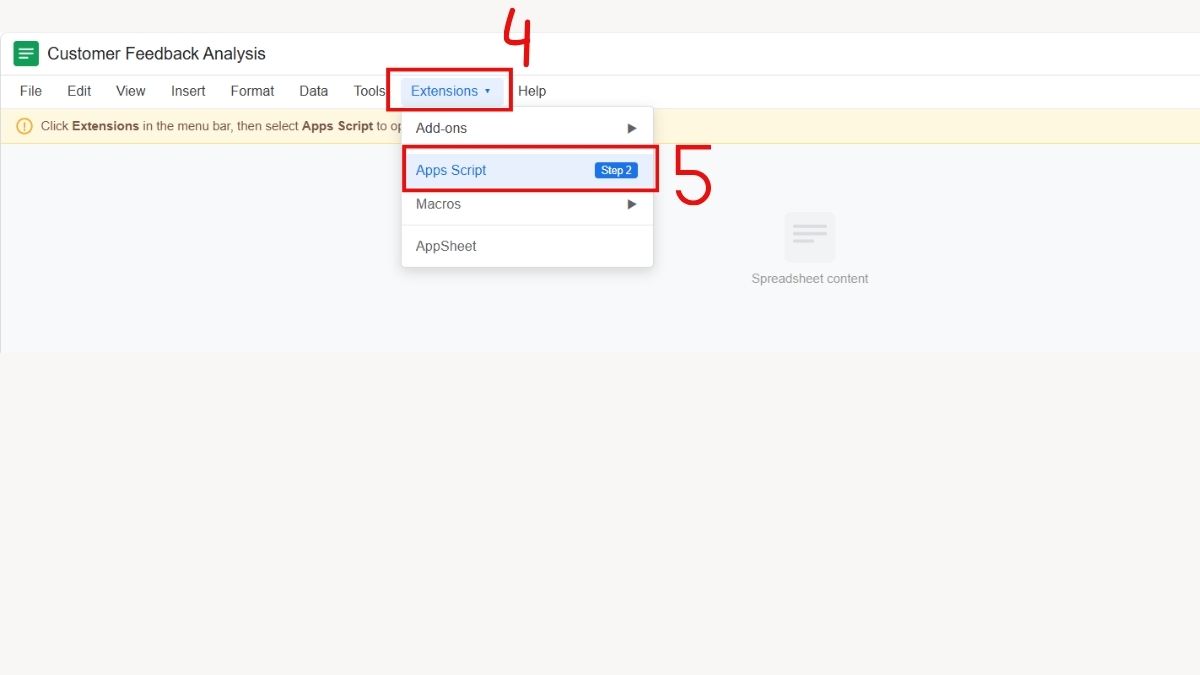 Mở Google Sheets và vào Apps Script để tiến hành kết nối