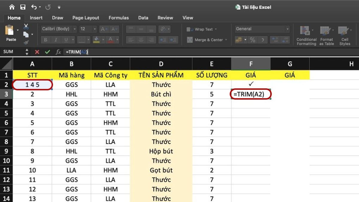 Định nghĩa hàm TRIM trong Excel