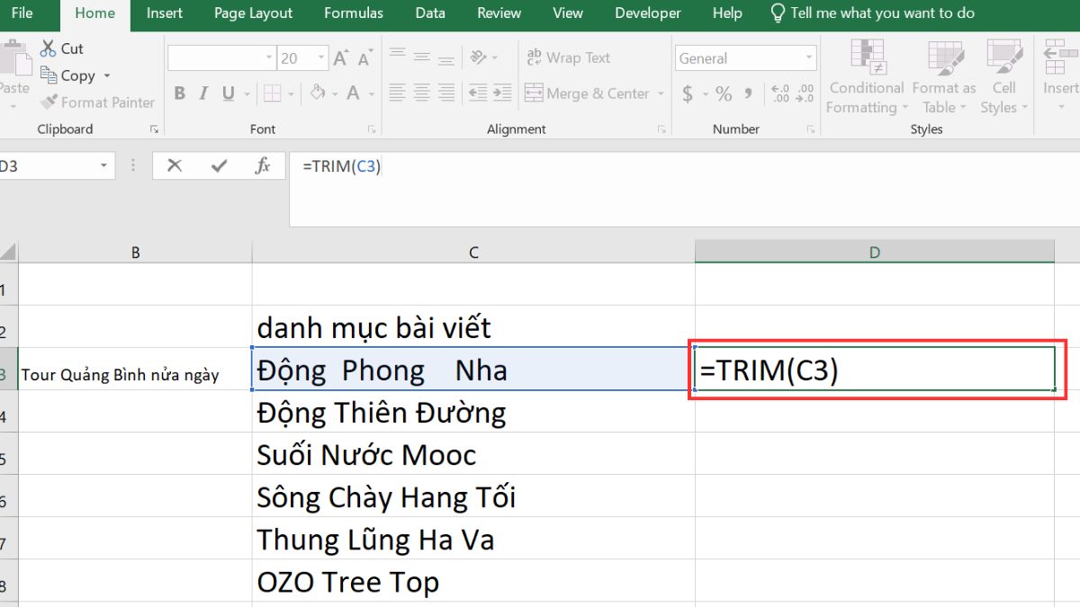 Hướng dẫn sử dụng hàm TRIM để bỏ khoảng trắng trong ô