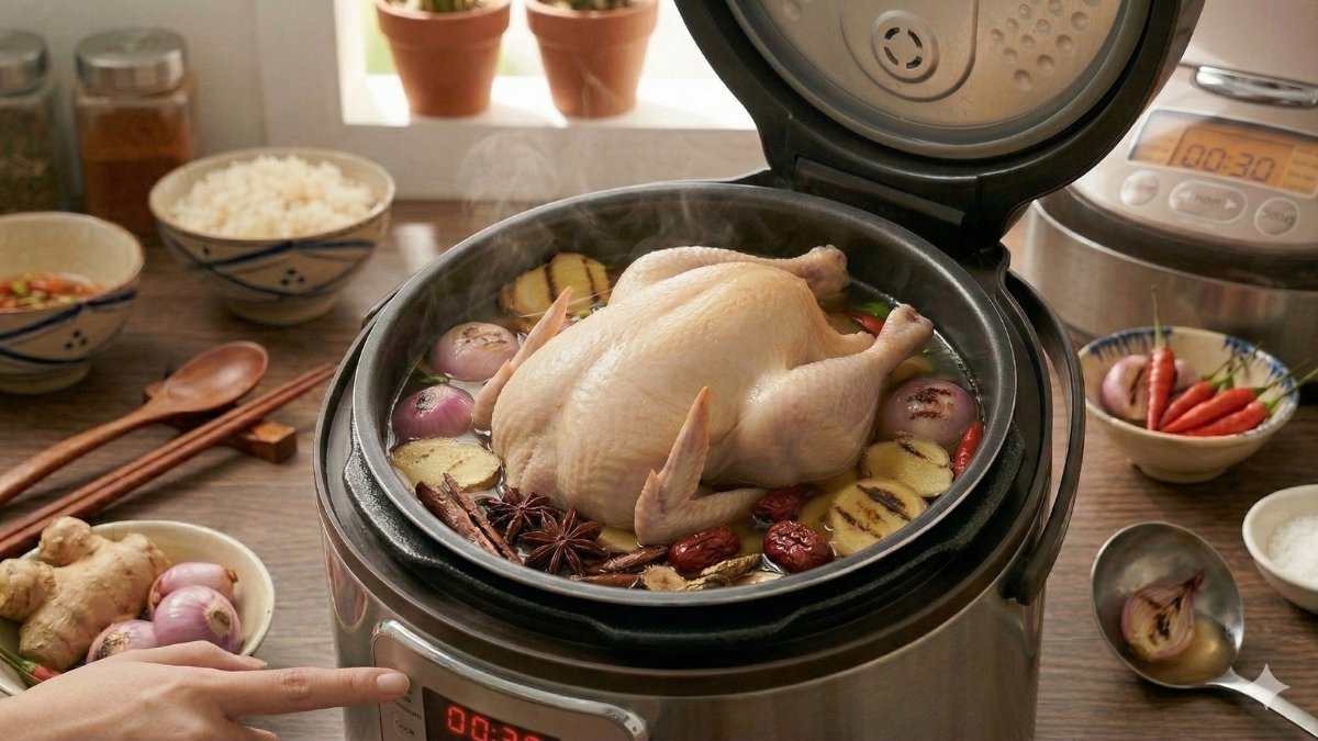 Tiến hành hầm gà bằng nồi cơm điện