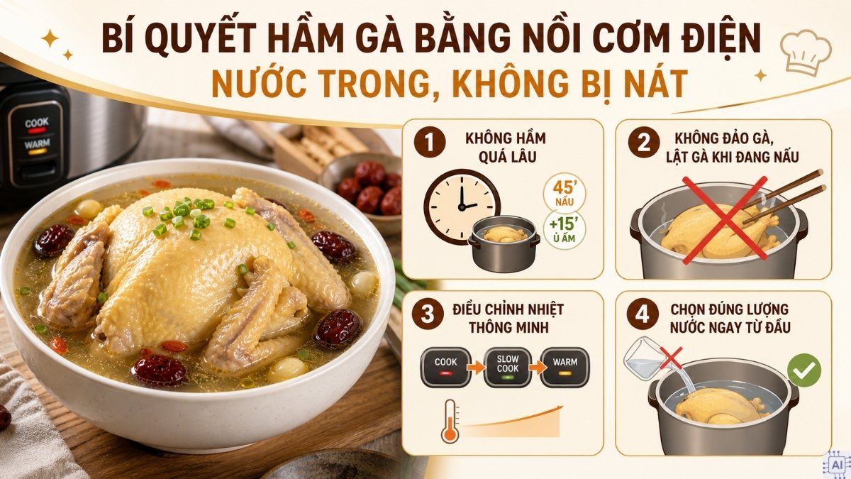 Chọn đúng lượng nước ngay từ đầu khi tiến hành hầm gà bằng nồi cơm điện
