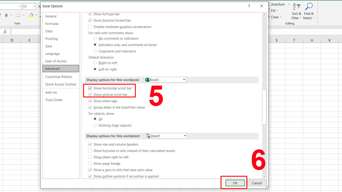 Bật thanh cuộn bằng Excel Options