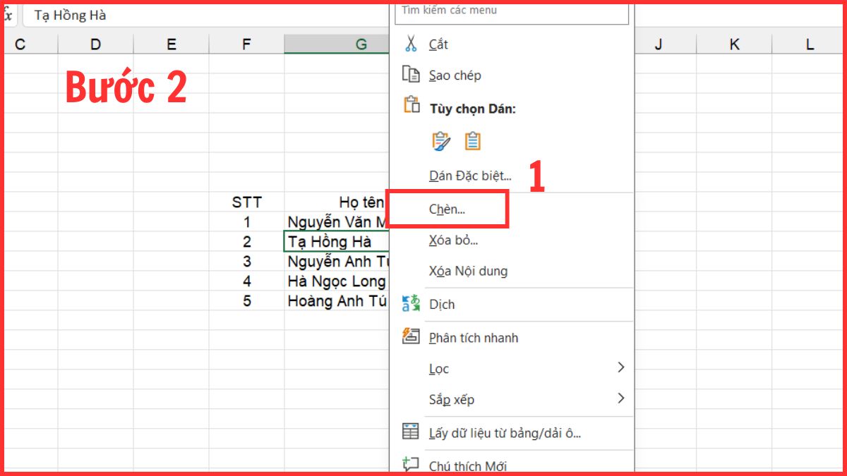 Sử dụng chuột để insert thêm dòng trong Excel