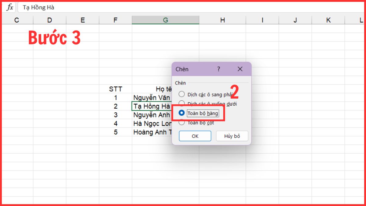 Sử dụng chuột để insert thêm dòng trong Excel