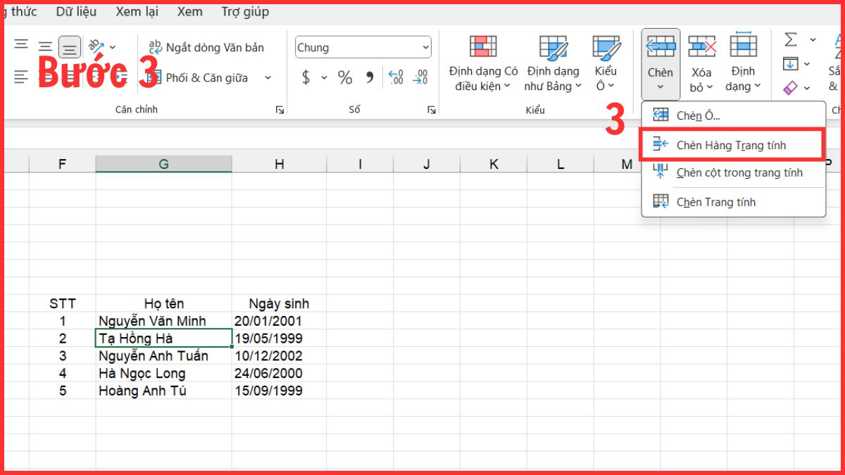 Sử dụng thanh công cụ để chèn thêm hàng trong Excel