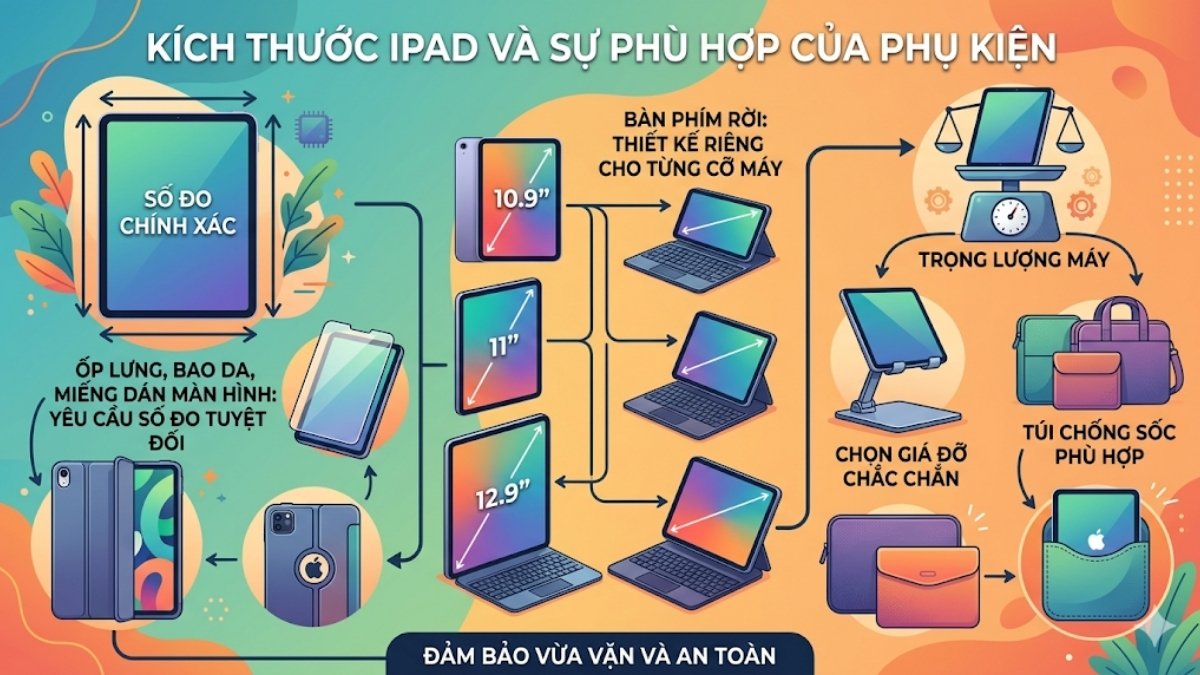 Kích thước iPad ảnh hưởng trực tiếp đến phụ kiện phù hợp