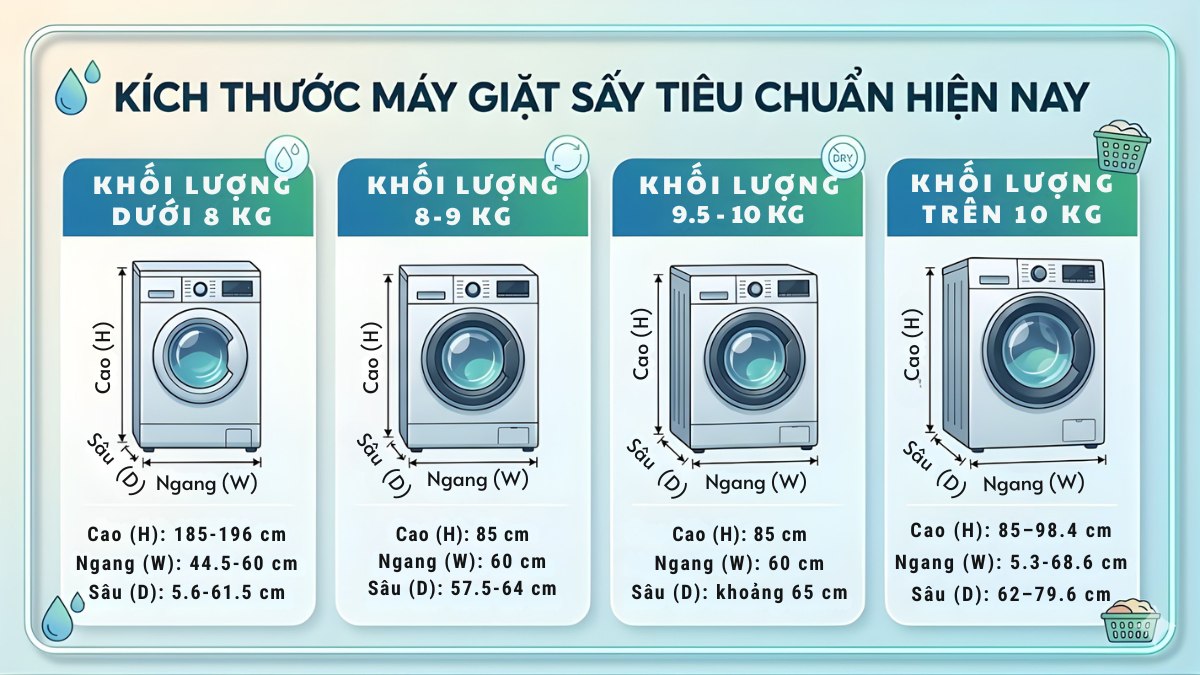 Kích thước thực tế theo từng mức khối lượng giặt sấy