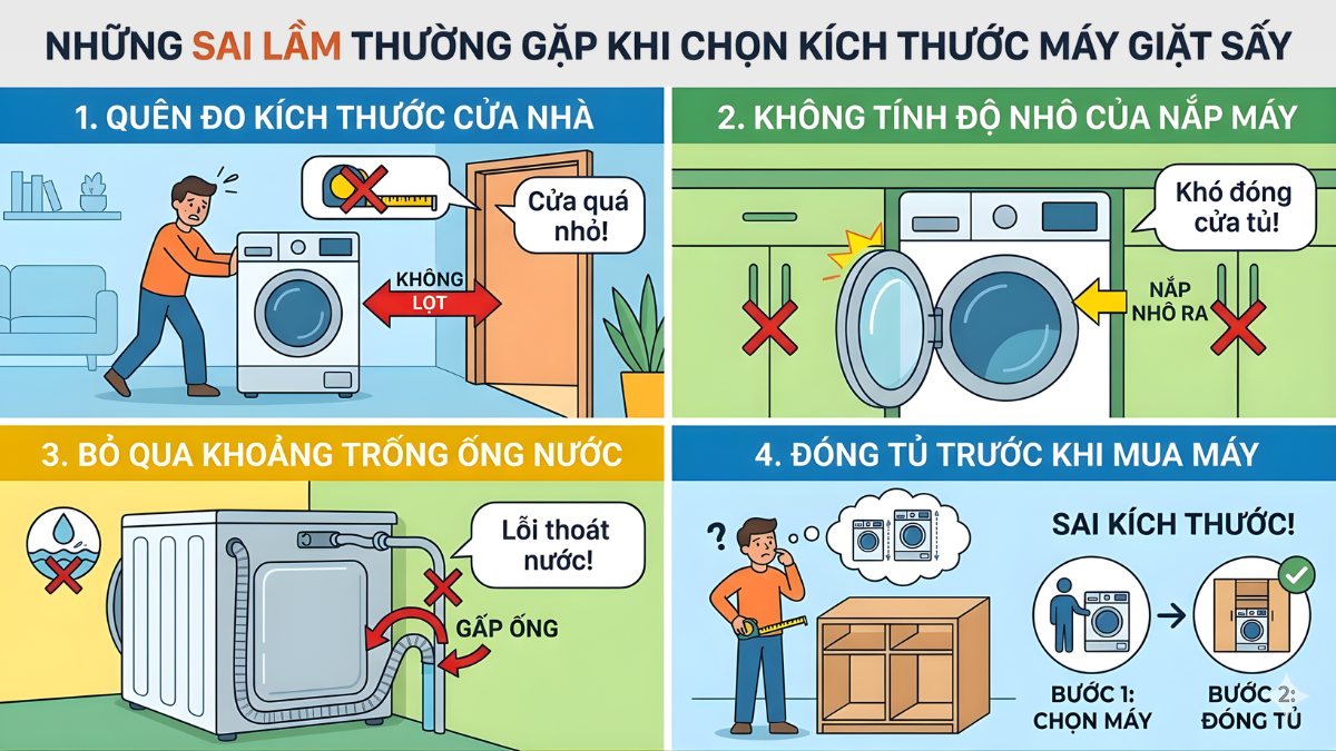 Những sai lầm thường gặp khi chọn kích thước máy giặt sấy 