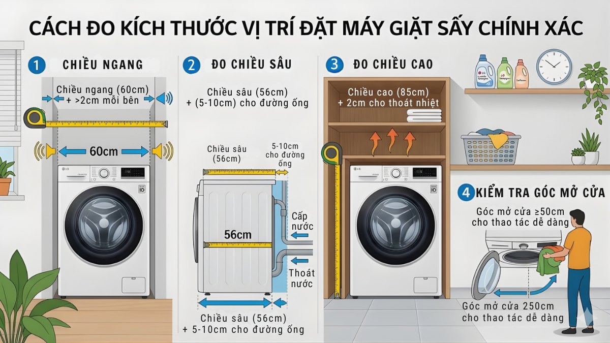 Cách đo kích thước vị trí đặt máy giặt sấy chính xác