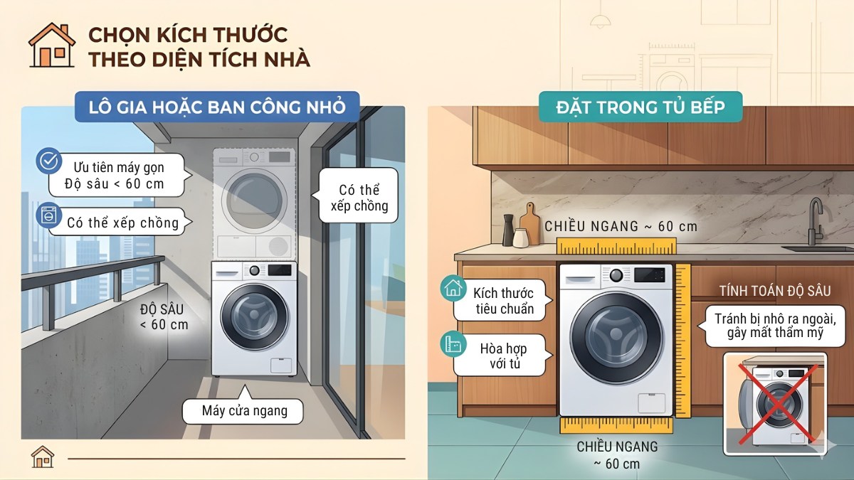 Chọn máy giặt sấy kích thước theo diện tích nhà