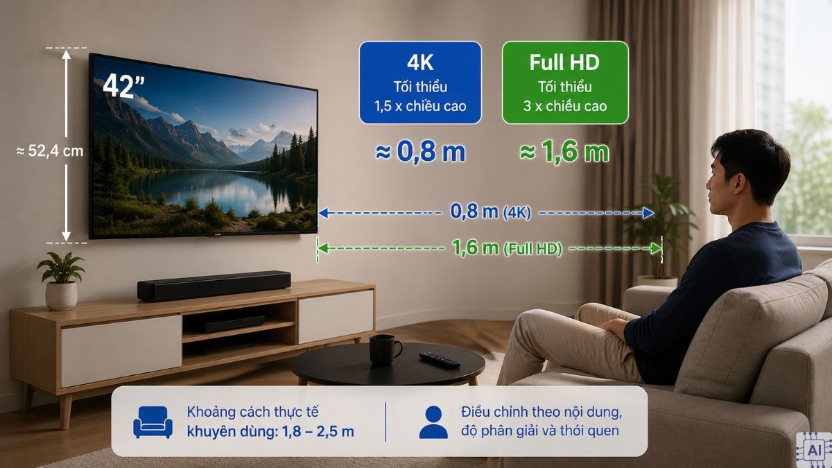 Khoảng cách hợp lý để xem tivi 42 inch