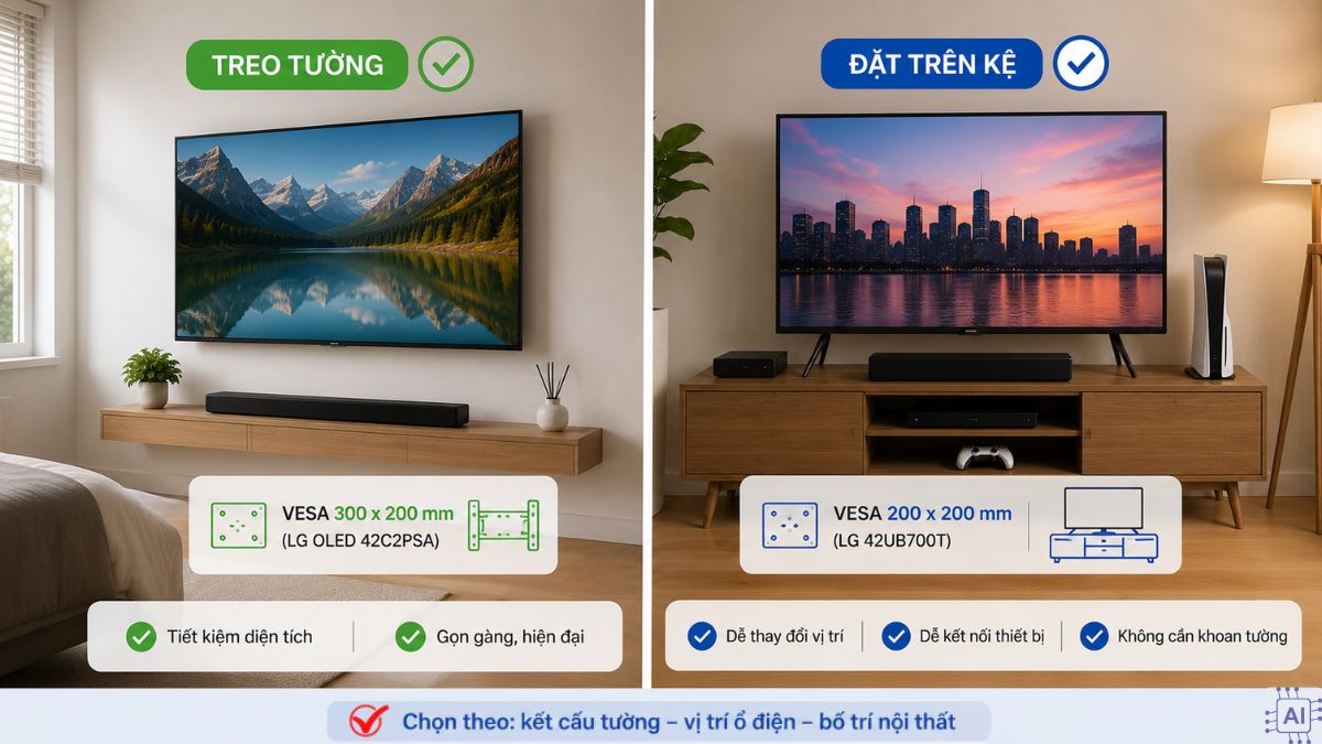 Nên treo tường hay đặt kệ đối với tivi 42 inch?