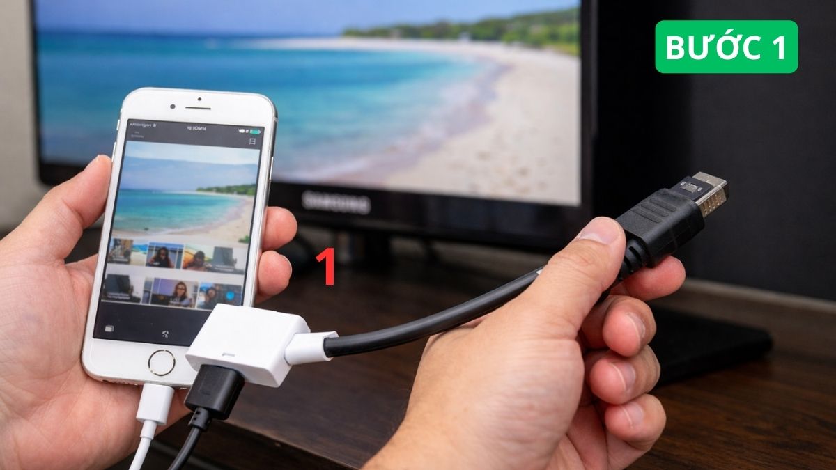 Sử dụng cáp chuyển đổi để kết nối iPhoen với tivi Samsung không có AirPlay