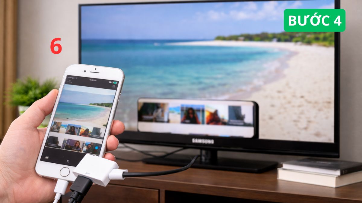 Sử dụng cáp chuyển đổi để kết nối iPhoen với tivi Samsung không có AirPlay