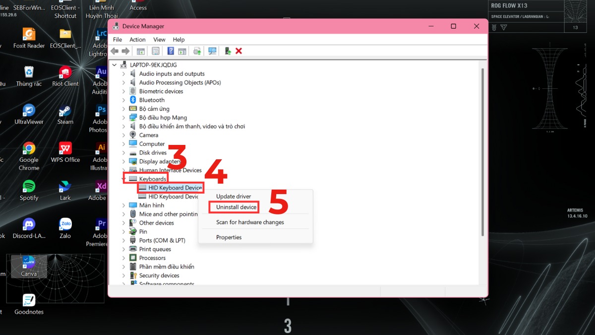 Sử dụng Device Manager để khóa bàn phím Asus