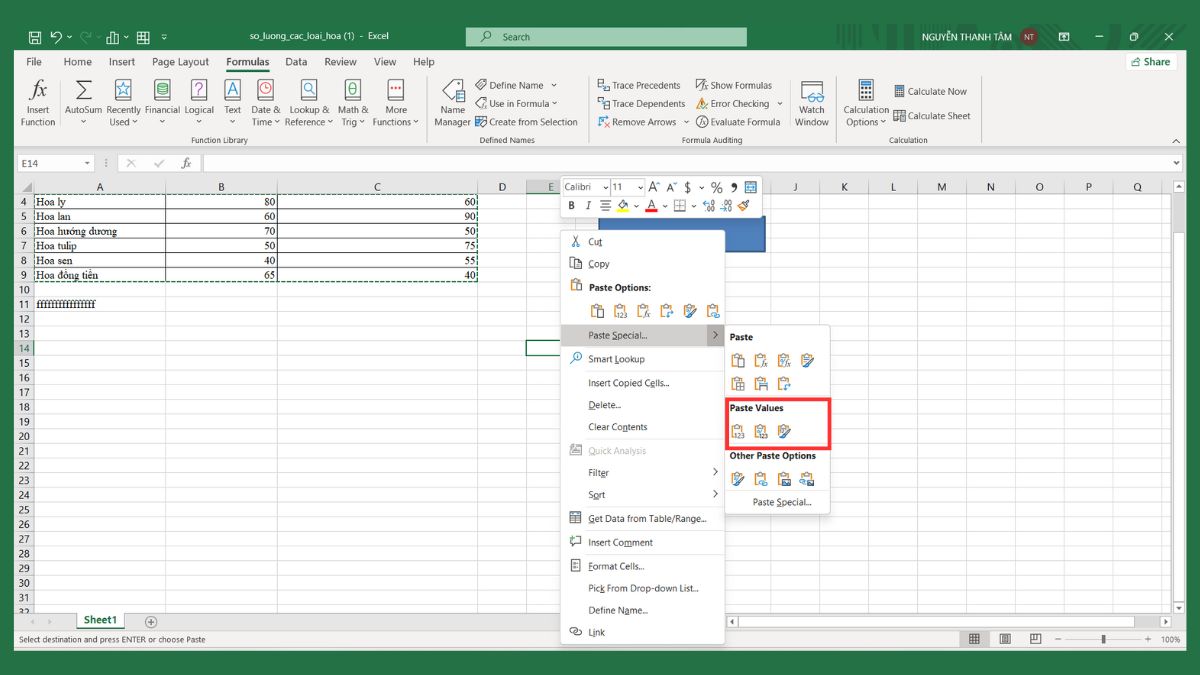 Sao chép dữ liệu bằng Paste Values