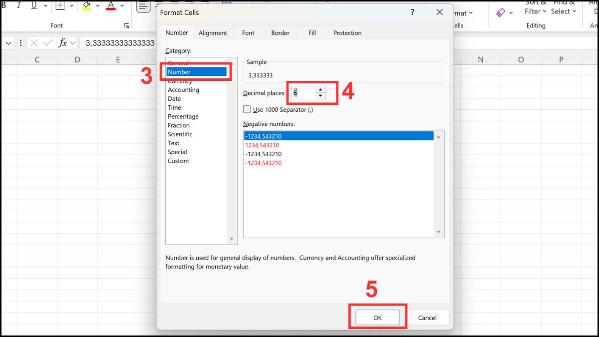 Thay đổi định dạng hiển thị số để không làm tròn số trong Excel