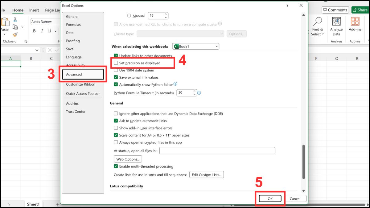 Kiểm tra lại cài đặt chung nếu Excel tự động làm tròn số