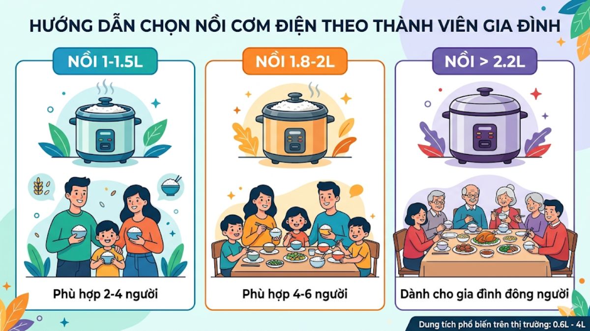 Các dung nồi cơm điện tích phù hợp cho từng gia đình